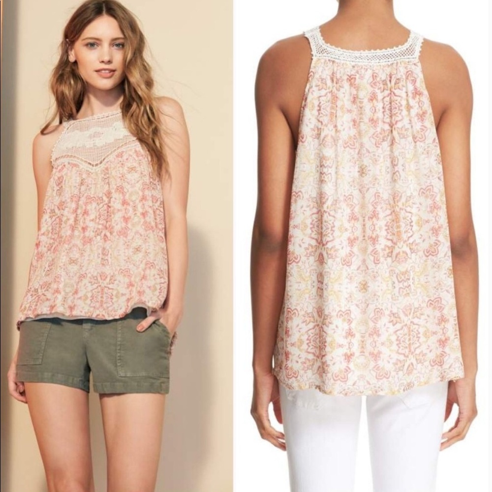 Joie Bayard Crochet Yoke Print Silk Top